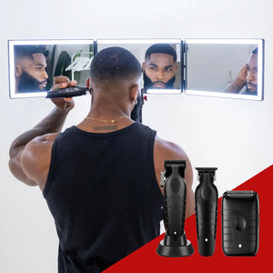 Self-Cut System Angel Lights Tripod 3 Way Mirror w/ Premium Cordless Clipper, Trimmer, and Shaver